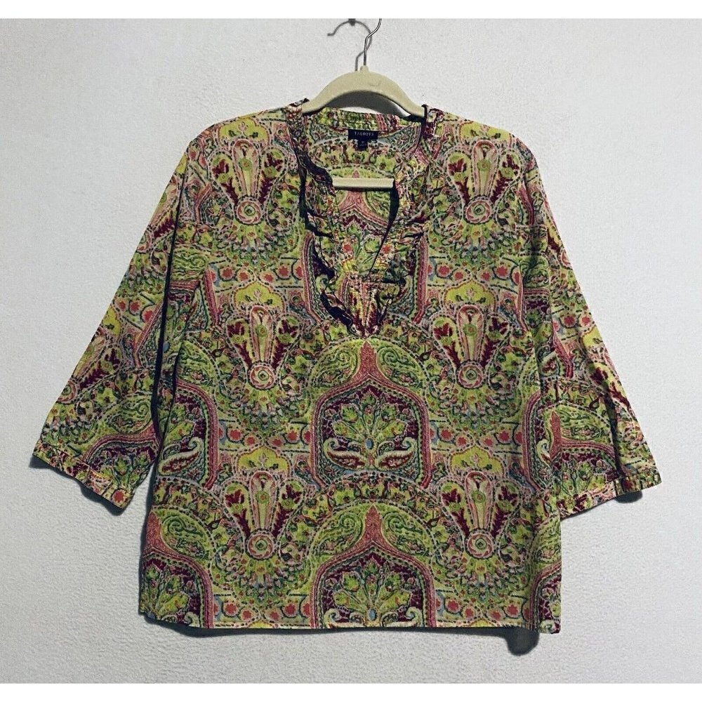 Talbots Top Womens Medium Green Artsy Boho Print Ruffle Collar V Neck Peasant